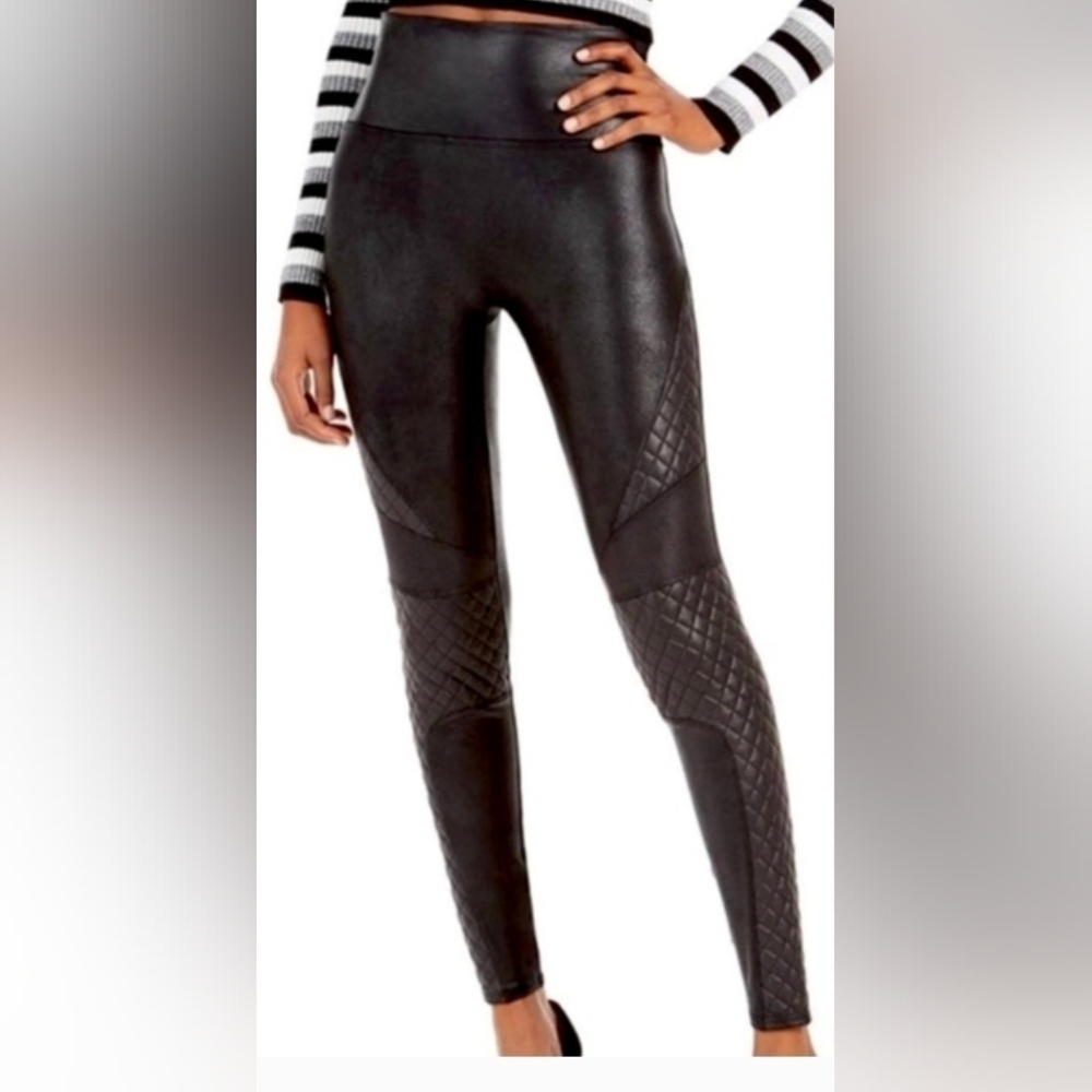 Spanx Women's Faux Leather Quilted Moto Leggings Black Shiny L
